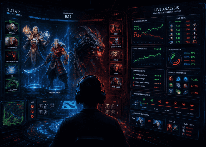 Futuristic Dota 2 draft strategy and live odds analysis.