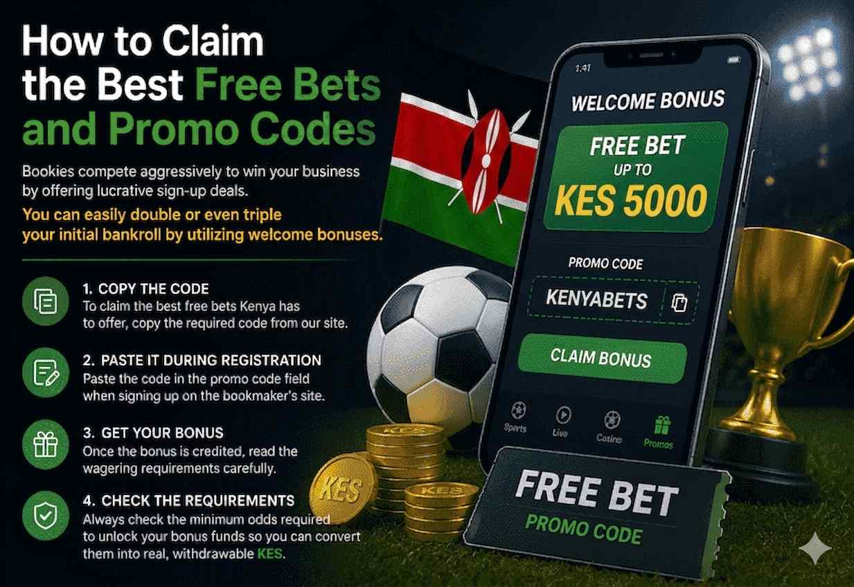 Kenya free bets promo code, KES 5000 welcome bonus, Kenyan sports betting banner, mobile betting bonus app