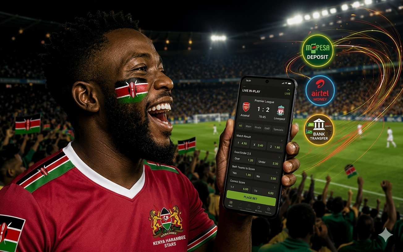 Kenya live football betting banner, Harambee Stars fan sports wagering, M-Pesa deposit betting app