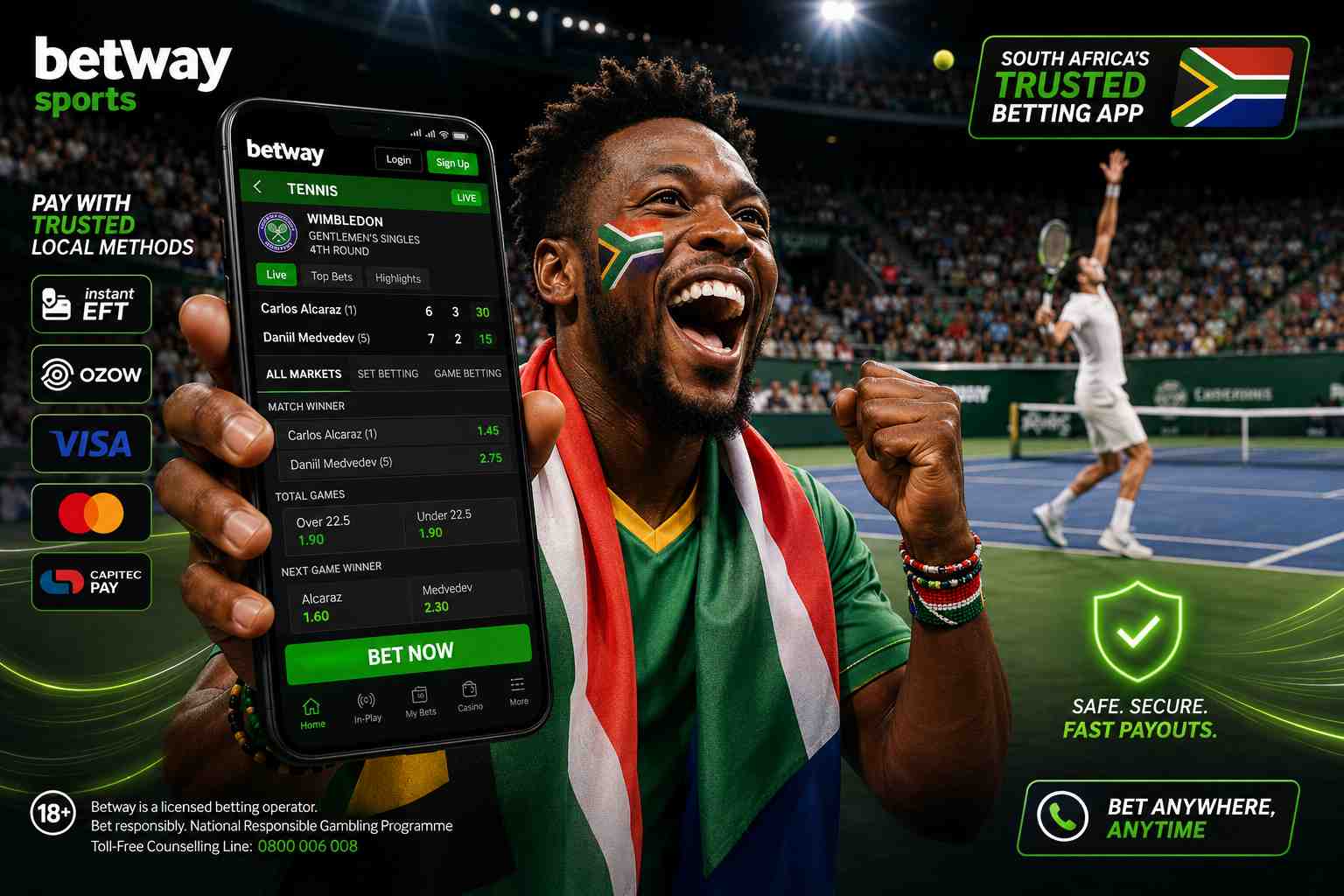 South African using a mobile tennis betting app with live sports betting odds and secure local payment methods in South Africa