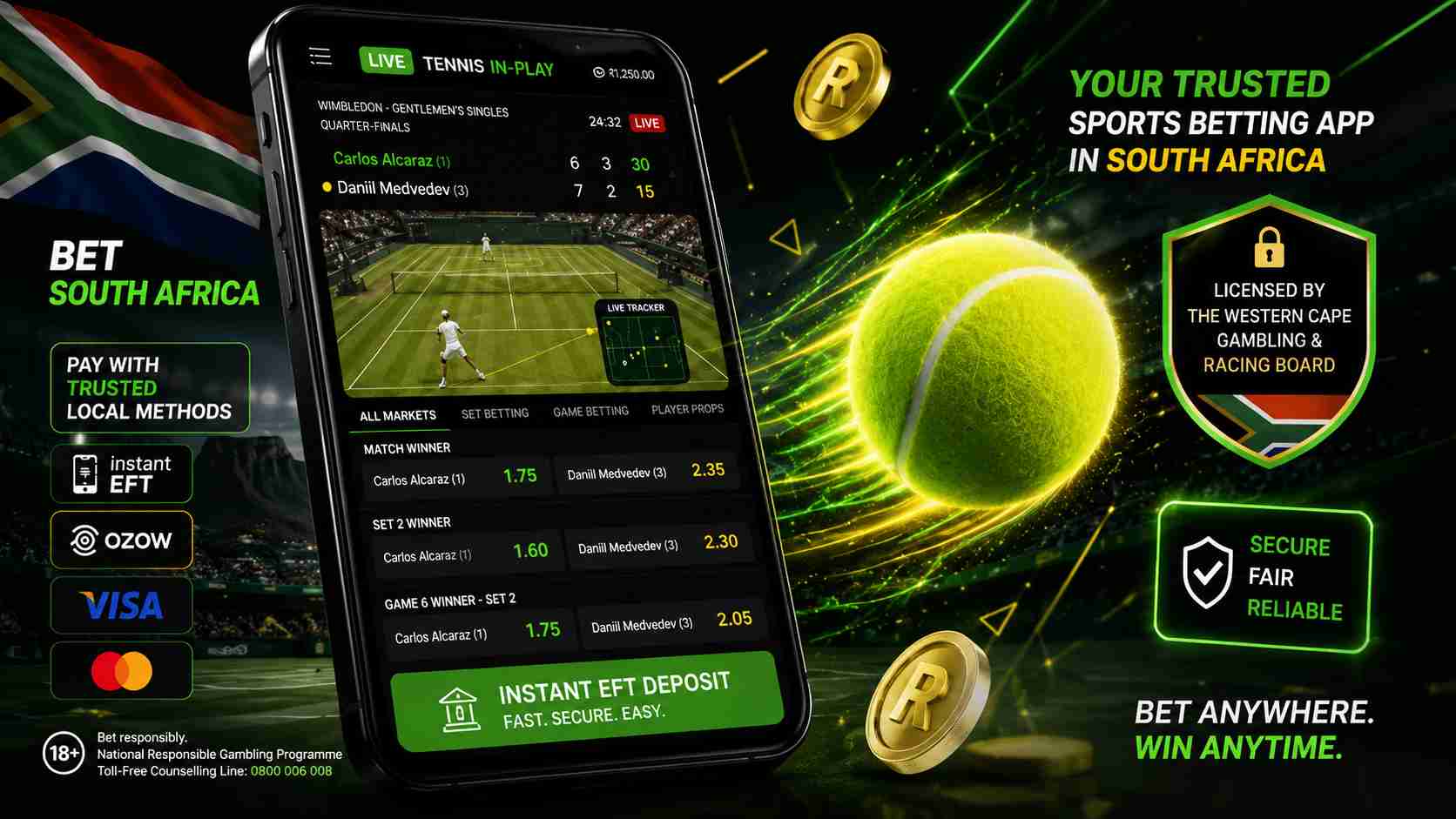South African using a mobile tennis betting app with live sports betting odds and secure local payment methods in South Africa