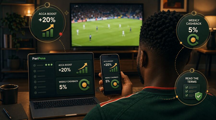 Flat illustration comparing reload bonus, acca boost, and cashback paths for Kenyan bettors