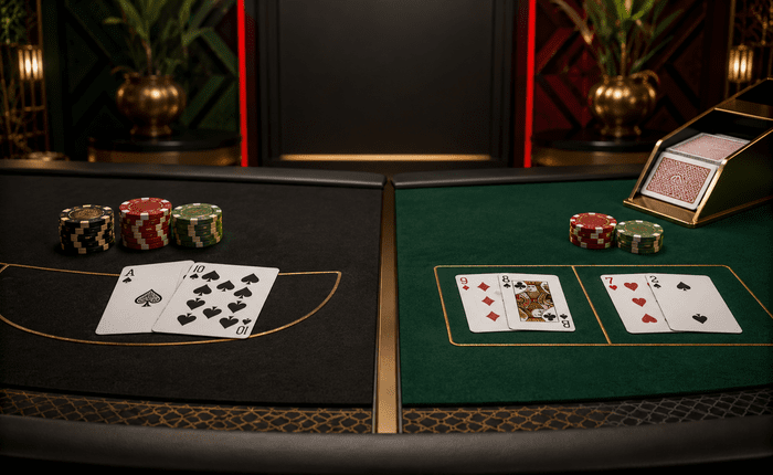 Illustration comparing a blackjack table and a baccarat table side by side for Kenyan players