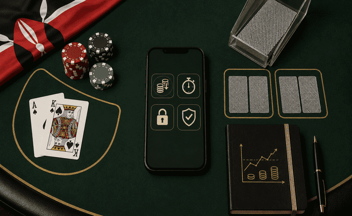 Illustration of a mobile phone with M-Pesa and identity verification icons beside a casino table for safe play in Kenya
