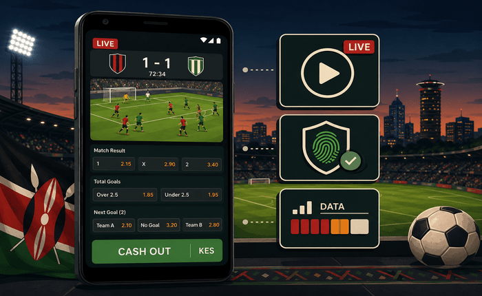 Illustration of a mobile phone displaying a live betting cash-out screen for sports betting apps Kenya