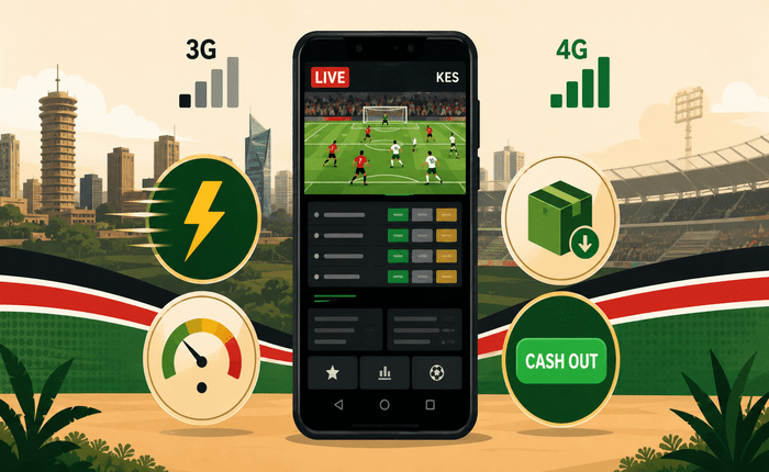 Flat-style illustration of a smartphone showing a sports betting app interface with signal bars, representing mobile betting apps in Kenya