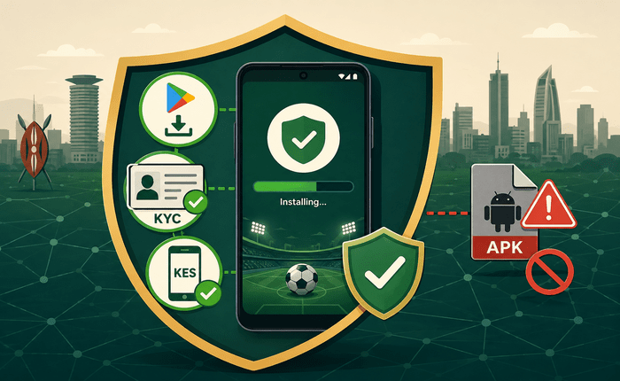 Illustration of a smartphone with a shield icon representing safe use of mobile betting apps Kenya, KYC and responsible gambling tools