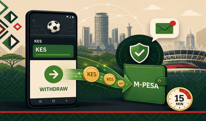Flat illustration of withdrawing winnings via M-Pesa on a smartphone in Kenya