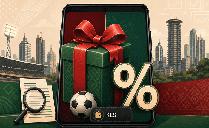Gift box and percentage symbol illustrating a sports betting welcome bonus in Kenya