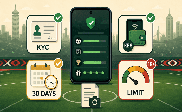 ID verification and M-Pesa payment icons illustrating safe KYC steps for claiming a welcome offer in Kenya