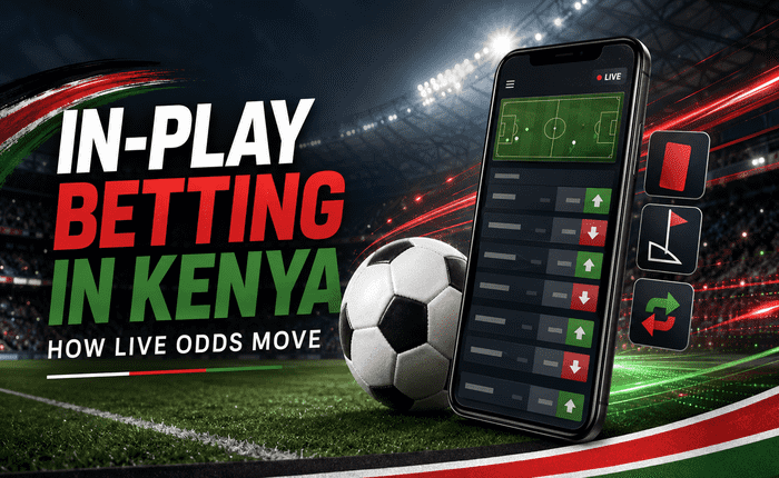 In-play betting Kenya smartphone showing live match scoreboard and shifting odds panel