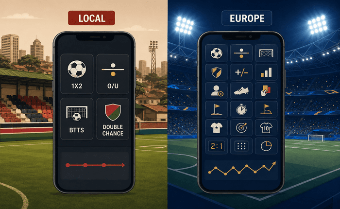 Illustration comparing a dense odds grid against a simple local league betting market in Kenya