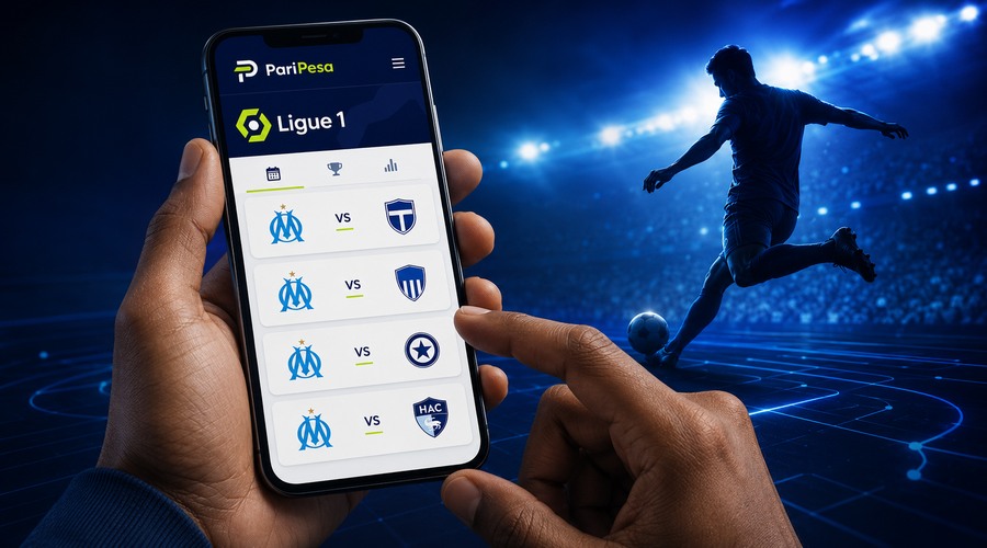 Flat illustration of a mobile betting app screen with Ligue 1 fixtures for PariPesa Kenya sports betting