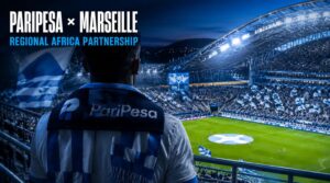 Flat illustration of a football stadium and betting slip representing the PariPesa Olympique de Marseille partnership