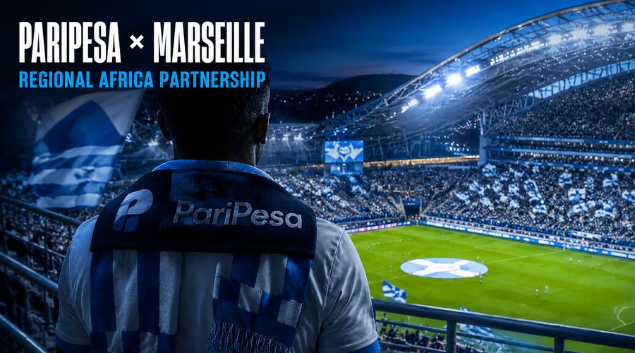 Flat illustration of a football stadium and betting slip representing the PariPesa Olympique de Marseille partnership