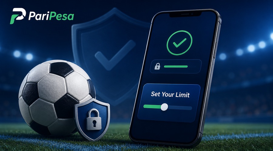 Flat illustration of a smartphone showing M-Pesa payment icons for safe PariPesa Kenya sports betting