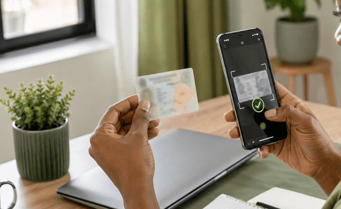 Illustration of a phone screen and ID card representing betting account registration in Kenya