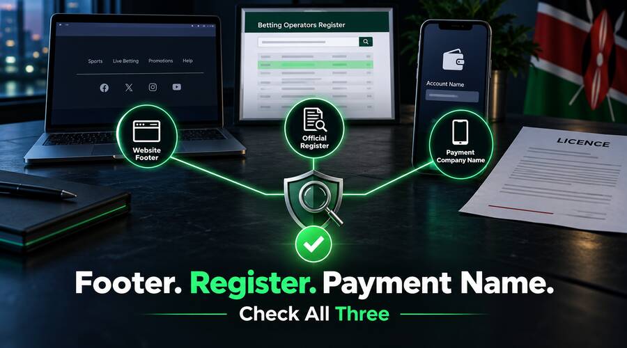 Shield, registry and support chat icons showing how to verify a betting company's licence in Kenya