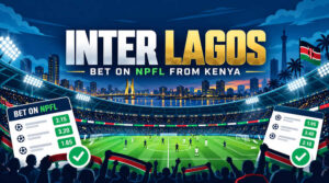 Flat illustration of an African football stadium with betting slip icons, bet on NPFL from Kenya theme