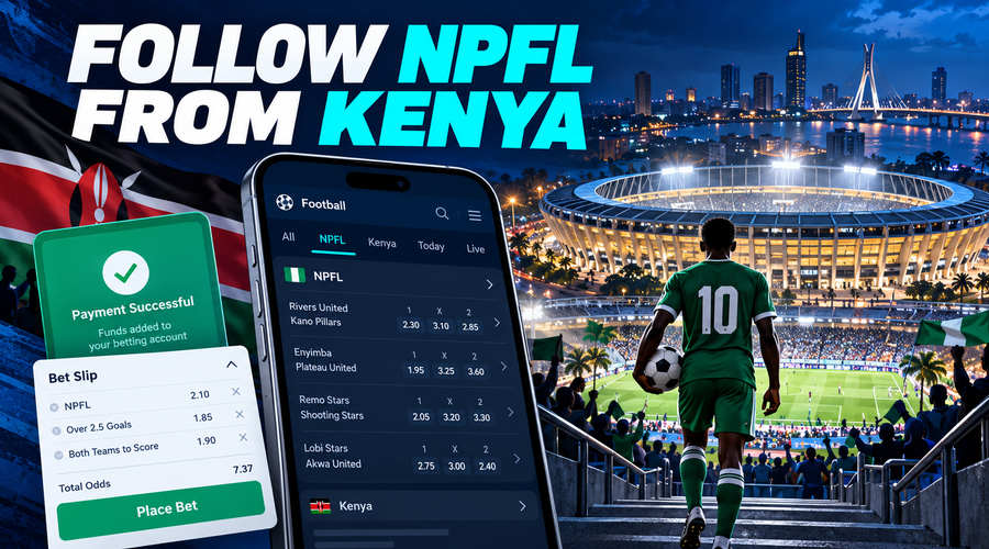 Flat illustration of a mobile phone with M-Pesa payment icon and football betting markets, Nigeria Professional Football League betting theme