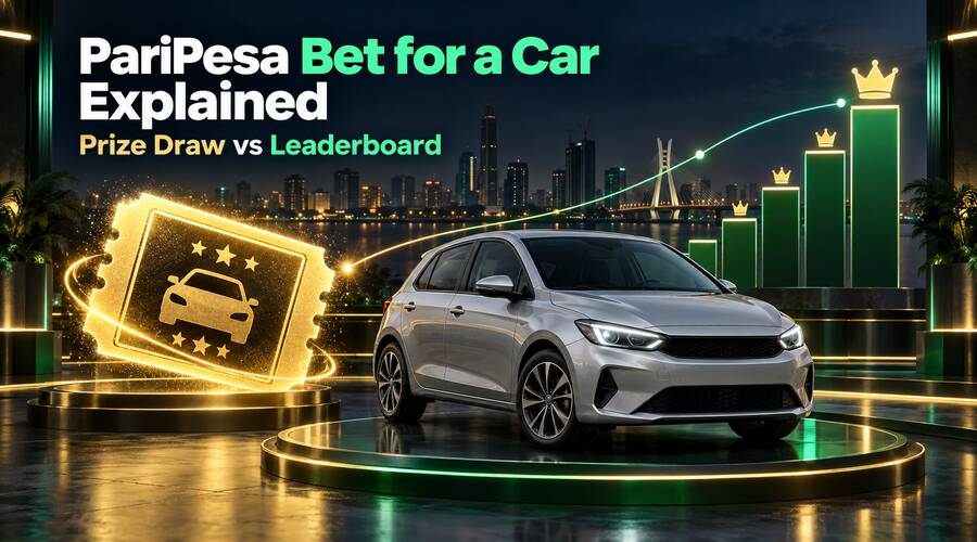 Raffle ticket and rising chart illustrating PariPesa Bet for a Car promotion mechanics