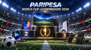 Flat illustration of a World Cup betting leaderboard podium with PariPesa leaderboard prizes ranking