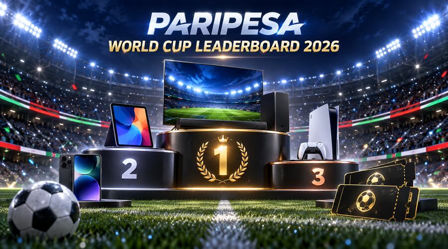 Flat illustration of a World Cup betting leaderboard podium with PariPesa leaderboard prizes ranking